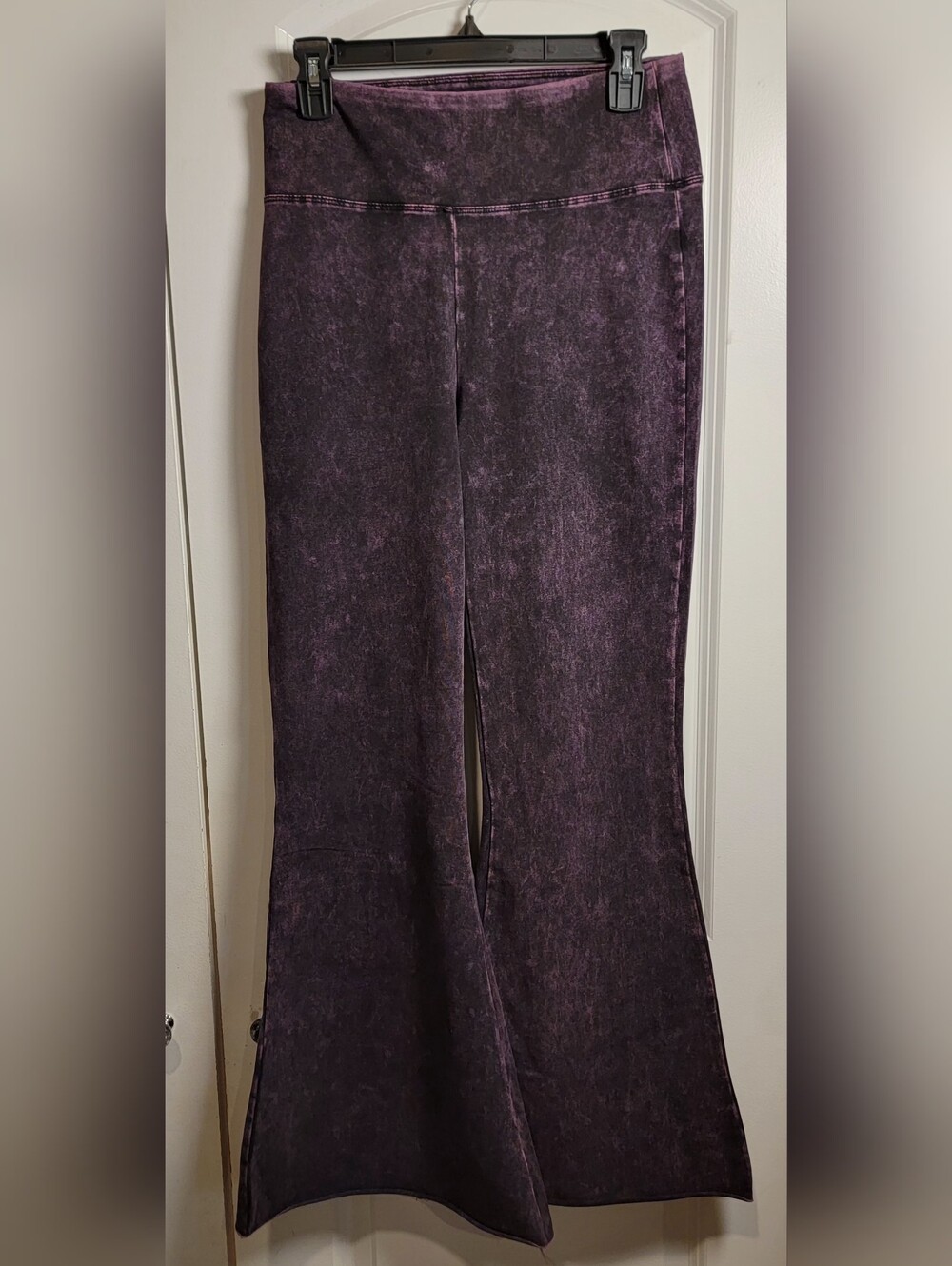 Zenana Women’s 1X Purple Mineral Wash Flare Pants Pull-On Stretch
